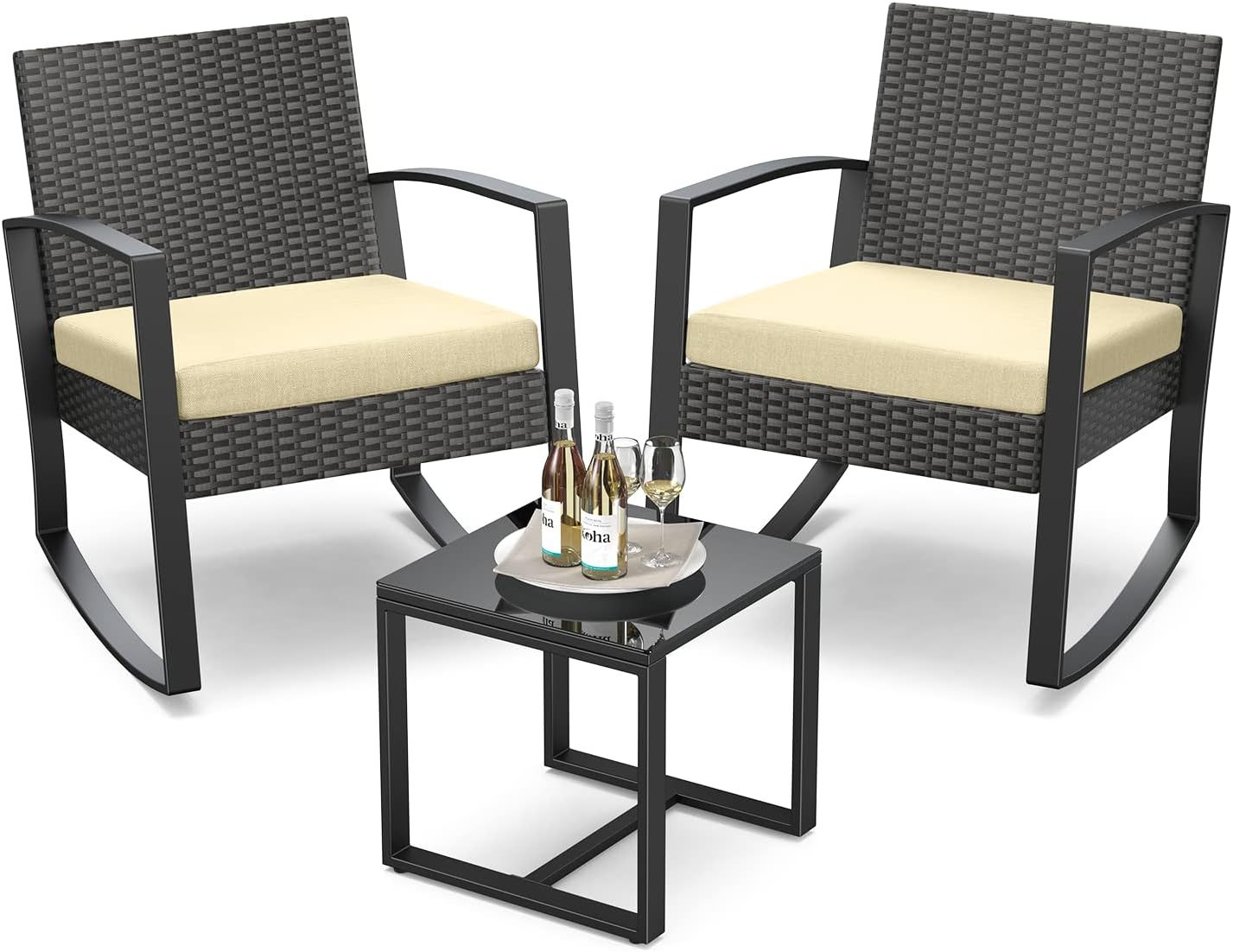 Qsun Juego de muebles de patio de 3 piezas, juego de bistró mecedor, juego de muebles de patio al aire última intervensión con mesa de centro para jardín, balcón, patio trasero, piscina (cojín negro)