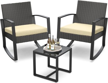 Qsun Juego de muebles de patio de 3 piezas, juego de bistró mecedor, juego de muebles de patio al aire última intervensión con mesa de centro para jardín, balcón, patio trasero, piscina (cojín negro)