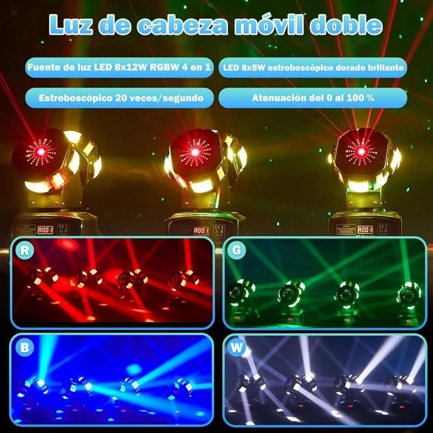🎵Luces DJ Doble Cabeza con Control Remoto, 120W Haces Móviles Rotación 360° Strobe Láser para Fiesta Discoteca Bar KTV DJ Iluminación LED RGBW Proyector Efectos Escenario Focos De Iluminación