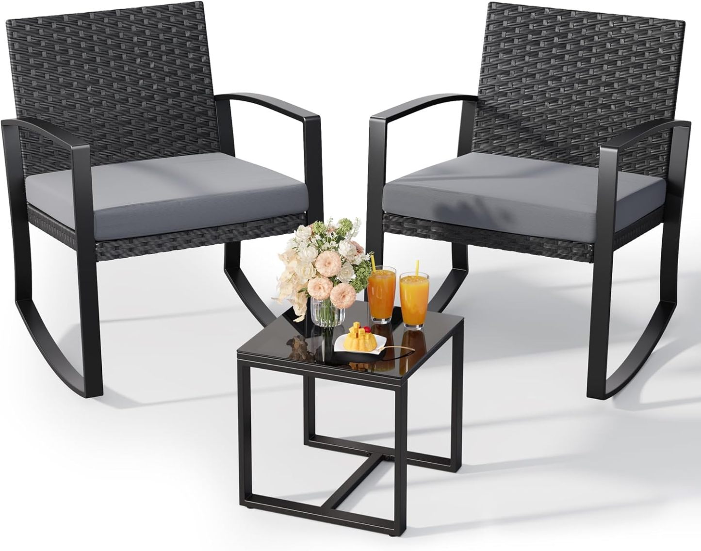 Qsun Juego de muebles de patio de 3 piezas, juego de bistr�� mecedor, juego de muebles de patio al aire ��ltima intervensi��n con mesa de centro para jard��n, balc��n, patio trasero, piscina (coj��n negro)