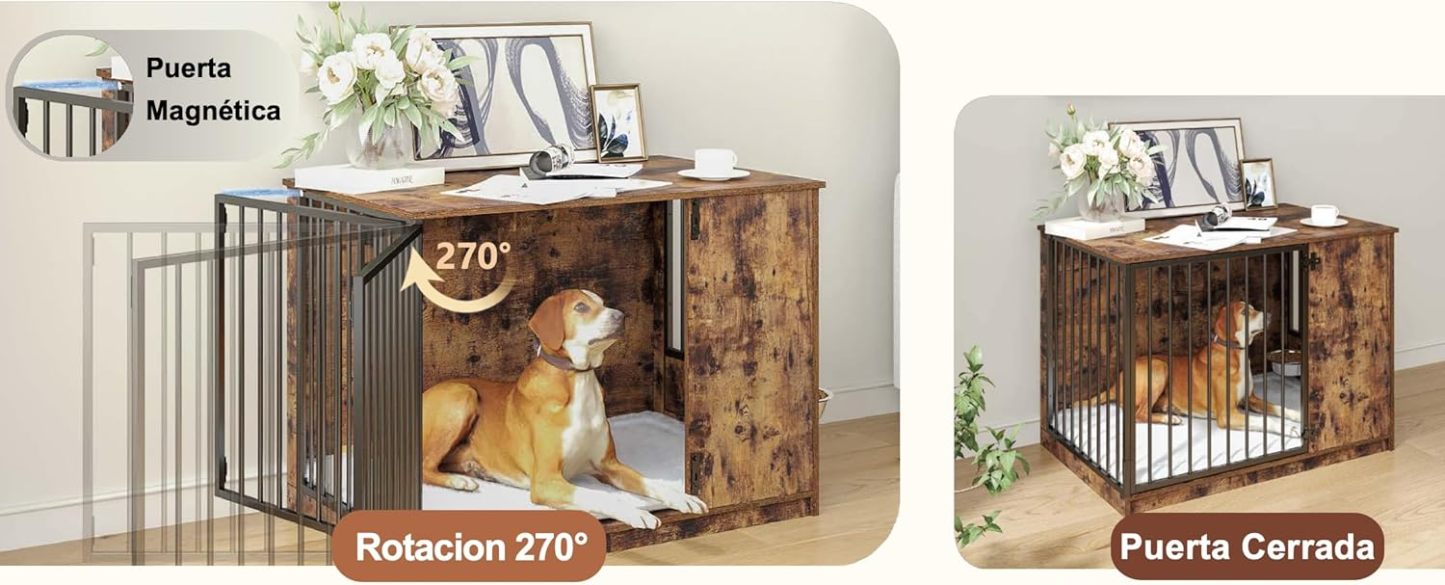 MU:4LIFE Jaula Estilo Mueble para Perro, Puerta de Rotación 270°, 2 Tazones de Giratorios 360° y Cojín de Doble Cara. Casa de Perro de Uso Interior y Alta Resistencia (Atigrado, Mediano)