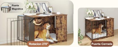 MU:4LIFE Jaula Estilo Mueble para Perro, Puerta de Rotación 270°, 2 Tazones de Giratorios 360° y Cojín de Doble Cara. Casa de Perro de Uso Interior y Alta Resistencia (Atigrado, Mediano)