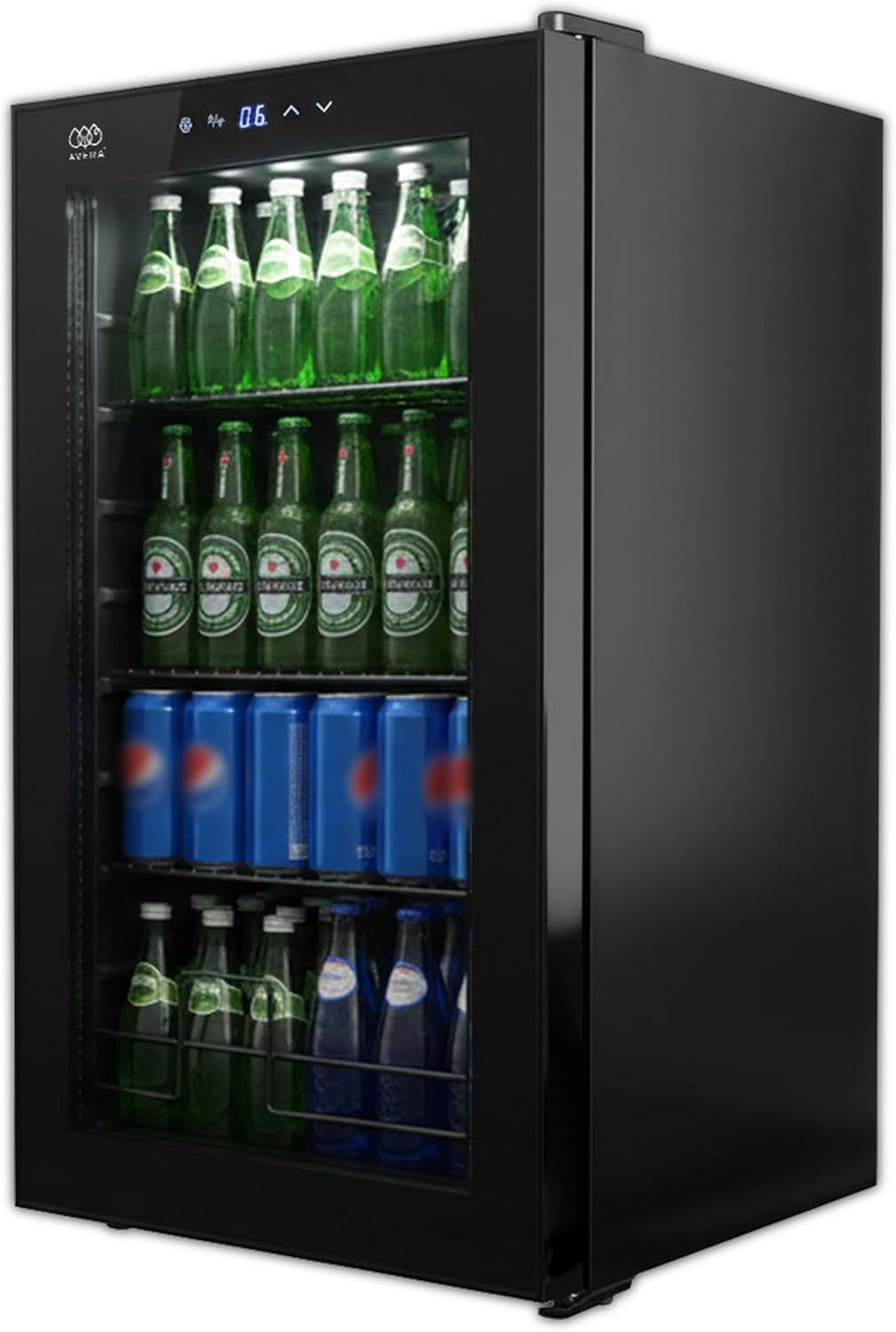 AVERA Refrigerador enfriador de bebidas 75 latas, Puerta de vidrio, Estantes removibles, Luz interior, Panel táctil, Ajuste de temperatura 3°C a 18 °C. Frigobar capacidad 63L | EBC75