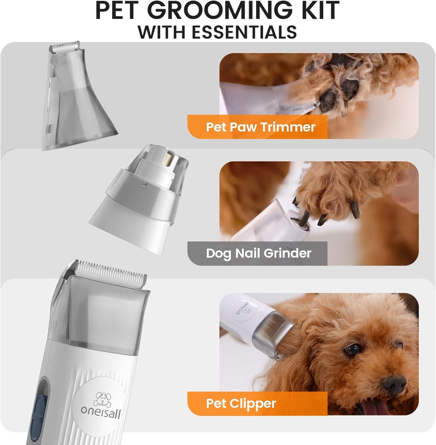 oneisall - Kit de aspiradora y aseo de perros, aspiradora de aseo de mascotas con picadora de uñas, 1.5 l para polvo de 1.5 l con 7 herramientas de aseo de mascotas para perder el pelo de mascotas, limpieza del hogar (gris) (Gris)