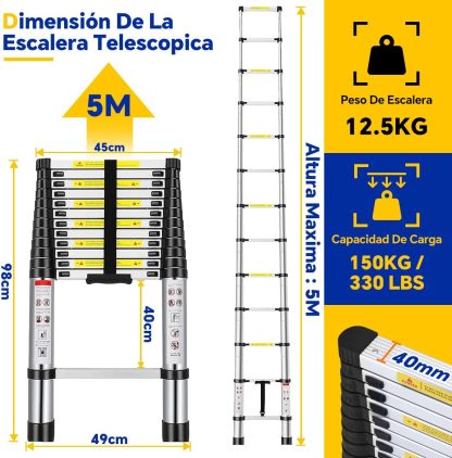 Bowoshen Escalera Telescópica De 6.2 Metros Escalera De Aluminio Segura Y Protegida Antideslizante Multiusos Escalera Extensible 20.5 Pies, 330 Libras Capacidad