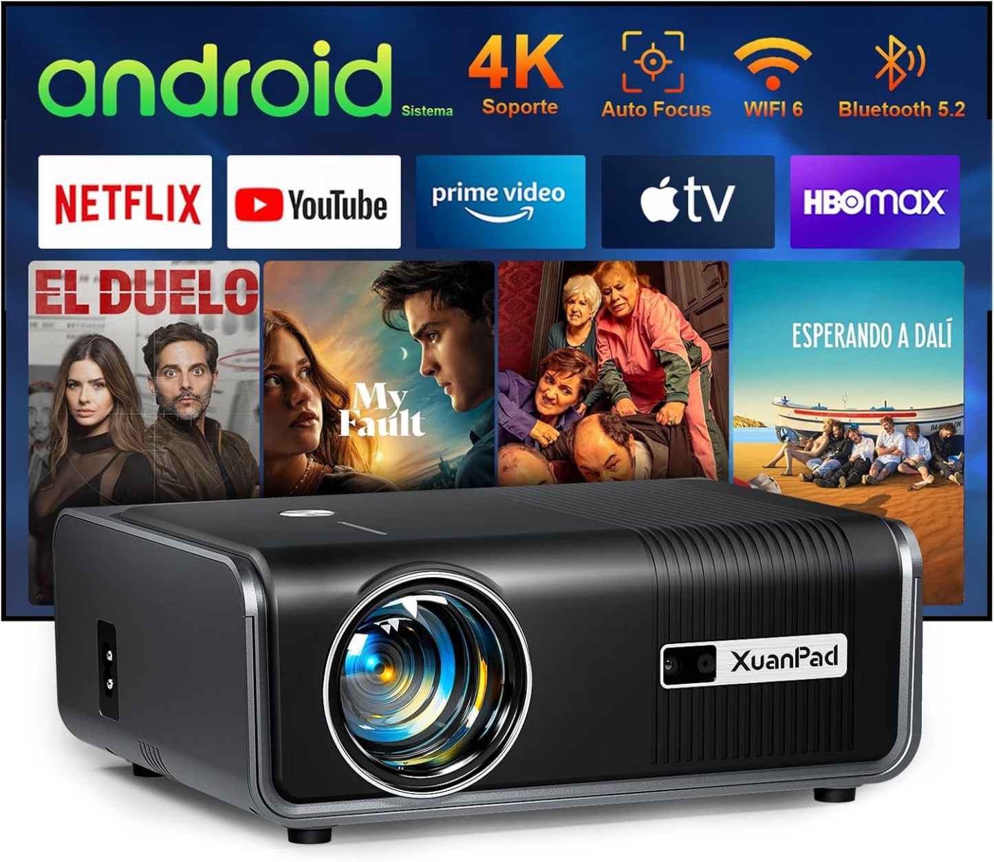 【AI Auto Focus & Keystone】 Proyector 4K Soporte, XuanPad Proyector Blu