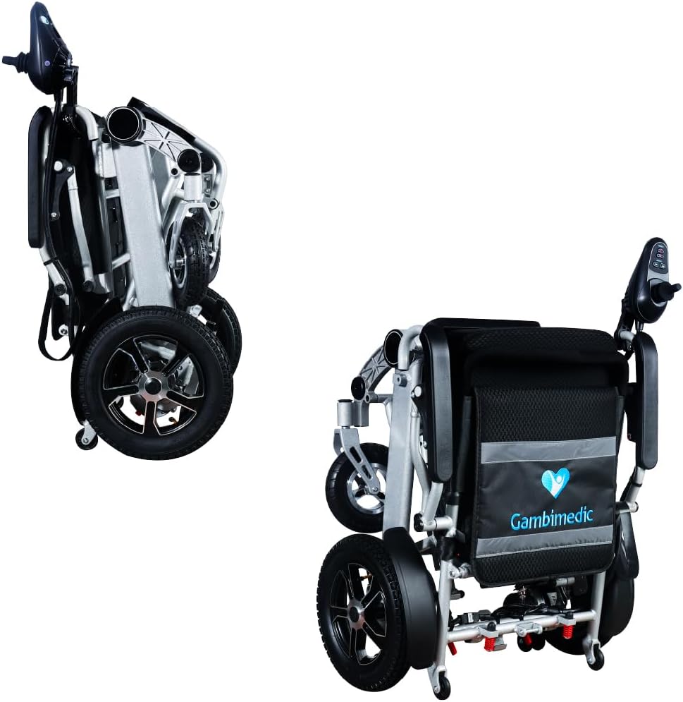 GAMBIMEDIC Silla De Ruedas Electrica Plegable Aluminio Todoterreno Ligera Portatil Facil Transporte Para Viaje Cuenta Con 4 Amortiguadores Facil Almacenaje Silla Motorizada Portatil