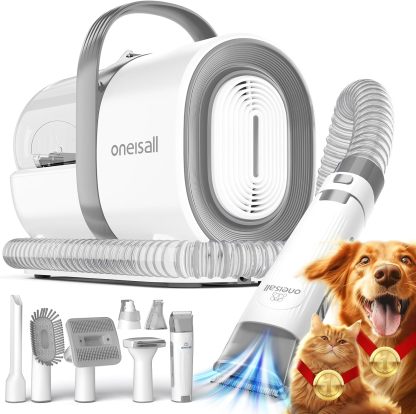 oneisall - Kit de aspiradora y aseo de perros, aspiradora de aseo de mascotas con picadora de uñas, 1.5 l para polvo de 1.5 l con 7 herramientas de aseo de mascotas para perder el pelo de mascotas, limpieza del hogar (gris) (Gris)