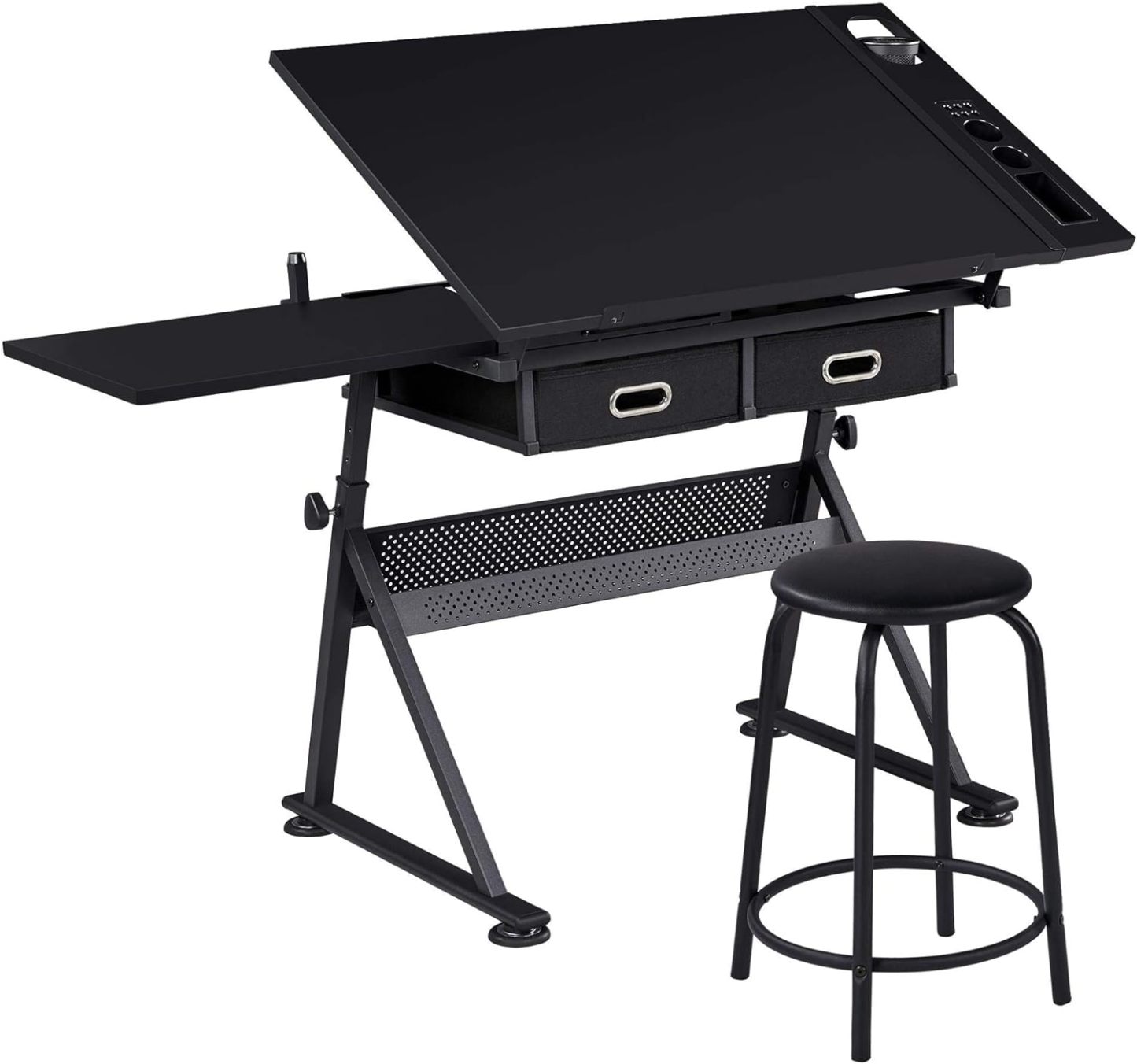 Yaheetech - computadora de arte blanco ajustable en altura para adultos, mesa inclinable de dibujo con computadora extragrande y cajones, juego de mesa y silla plegable para manualidades con taburetes