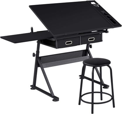 Yaheetech - computadora de arte blanco ajustable en altura para adultos, mesa inclinable de dibujo con computadora extragrande y cajones, juego de mesa y silla plegable para manualidades con taburetes