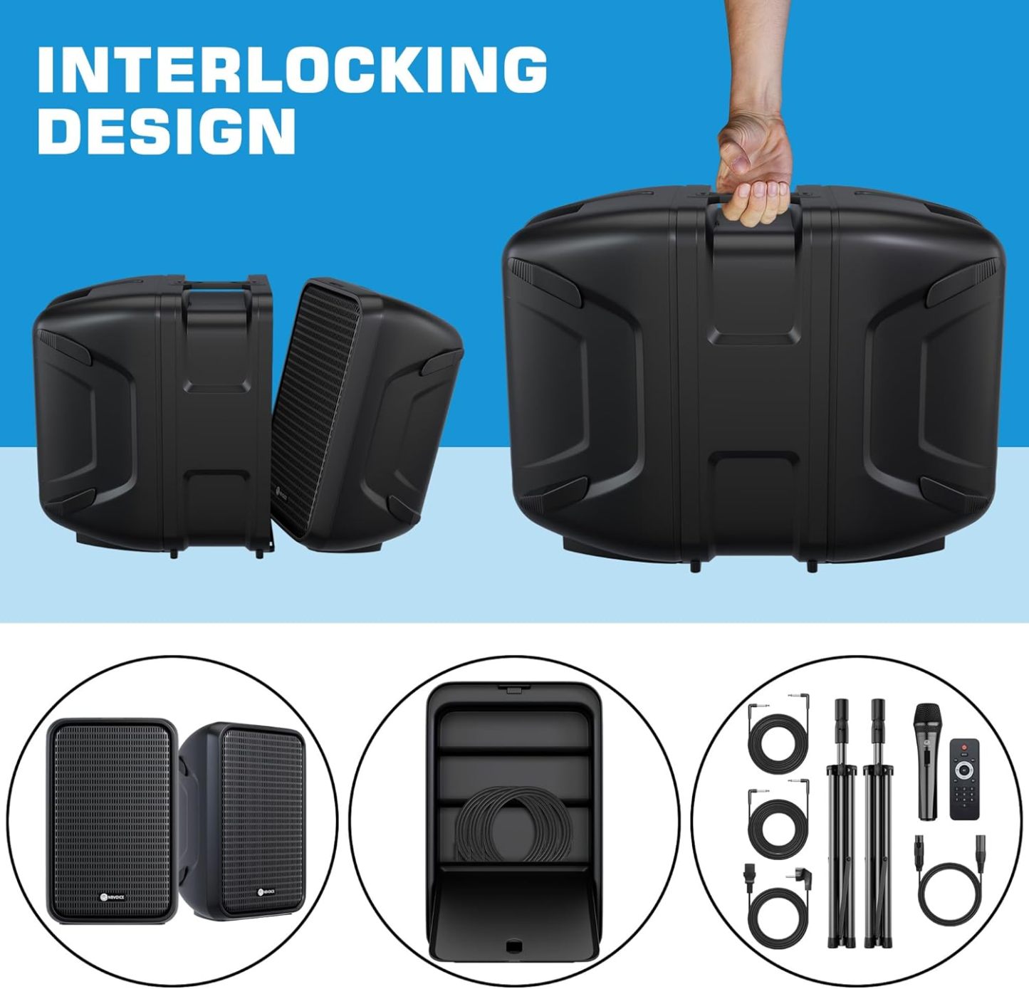 Sistema de PA de 2 vías integrado profesional portátil todo en uno, configuración fija, diseño de veliz con mezclador de 8 canales, 2 soportes de altavoces, Bluetooth, micrófono para