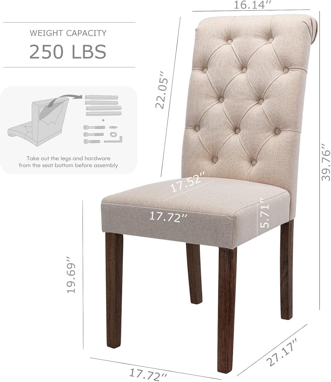 COLAMY - Juego de 6 sillas de Comedor con Botones y tapizadas, con Patas de Madera Maciza y Asiento Acolchado para Comedor, Cocina, Color Gris