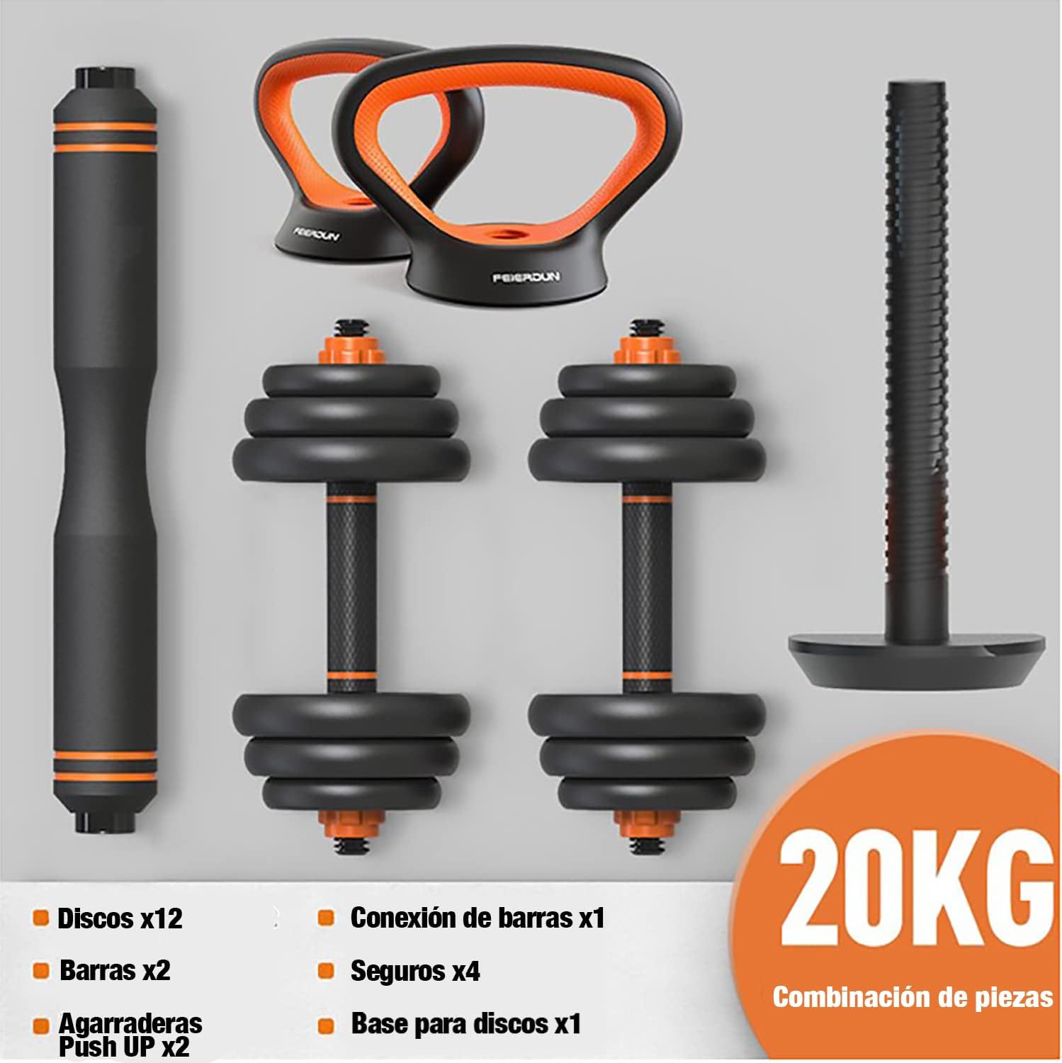 Kit de Mancuernas Brandtrendy 6 en 1 Ajustable – Pesas Rusas, Barra y Discos para Entrenamiento en Casa y Gimnasio – Diseño Compacto y Seguro, Ideal para Rutinas Completa de Fuerza y Resistencia