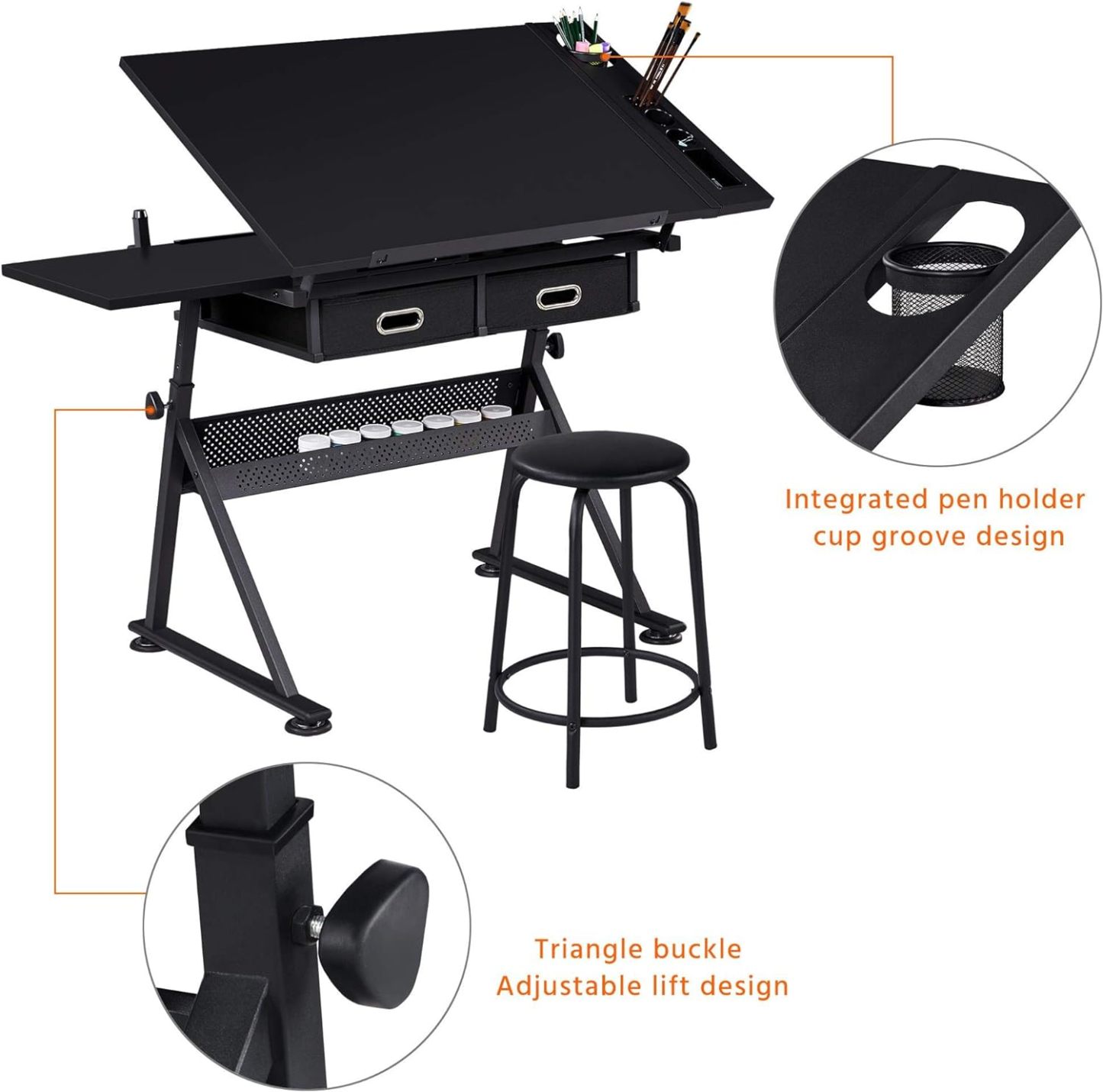 Yaheetech - computadora de arte blanco ajustable en altura para adultos, mesa inclinable de dibujo con computadora extragrande y cajones, juego de mesa y silla plegable para manualidades con taburetes
