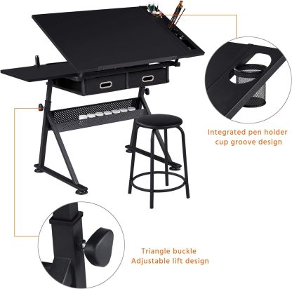 Yaheetech - computadora de arte blanco ajustable en altura para adultos, mesa inclinable de dibujo con computadora extragrande y cajones, juego de mesa y silla plegable para manualidades con taburetes