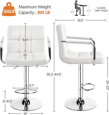 Juego de 2 taburetes de Bar giratorios Ajustables de Piel sintética, sillas hidráulicas de Barra con reposabrazos y Respaldo para Bar, Cocina, Comedor, Color Blanco