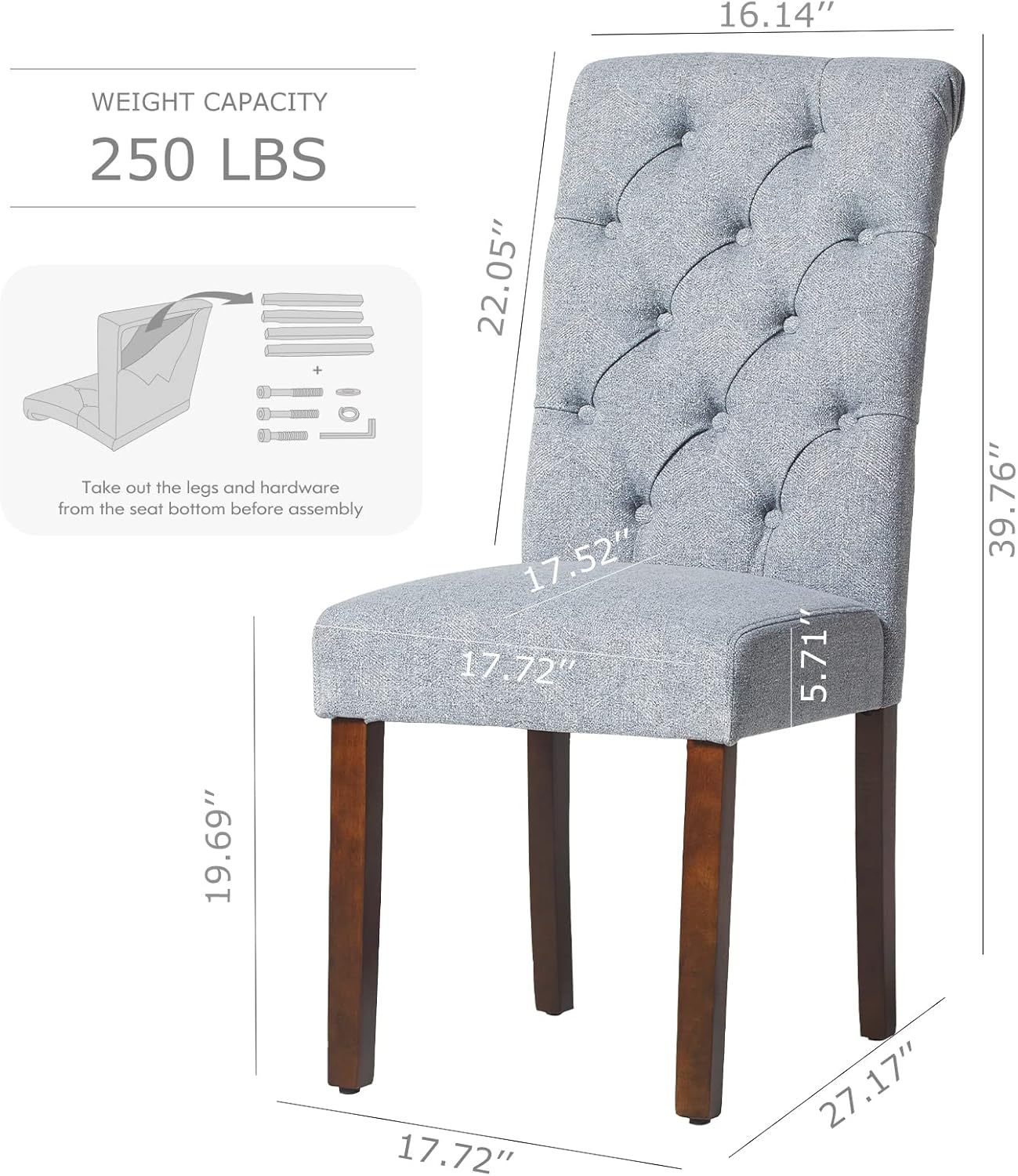 COLAMY - Juego de 6 sillas de Comedor con Botones y tapizadas, con Patas de Madera Maciza y Asiento Acolchado para Comedor, Cocina, Color Gris