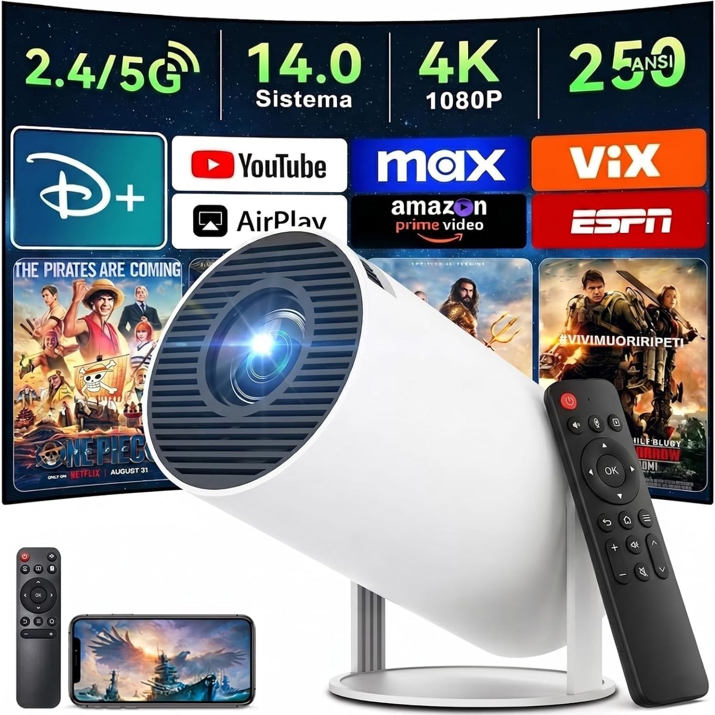 【Android 14.0】KACOTA Mini Proyector 4K Portátil 2026, 250ANSI/10000 Lúmenes | Pantalla de 150 pulgadas, Soporte 4K, WiFi 6 con 2.4/5GHz, Bluetooth 5.2, Compatible con iOS/Android/PC/PS4/PS5【HY300 PRO】
