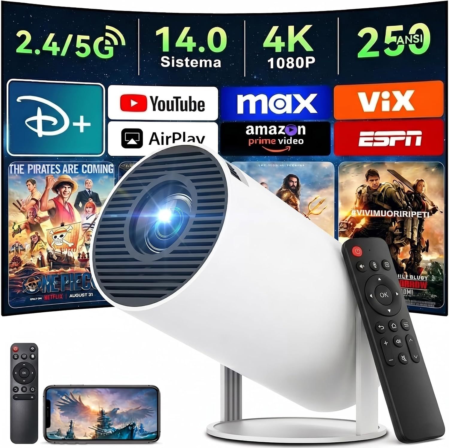 【Android 14.0】KACOTA Mini Proyector 4K Portátil 2026, 250ANSI/10000 Lúmenes | Pantalla de 150 pulgadas, Soporte 4K, WiFi 6 con 2.4/5GHz, Bluetooth 5.2, Compatible con iOS/Android/PC/PS4/PS5【HY300 PRO】