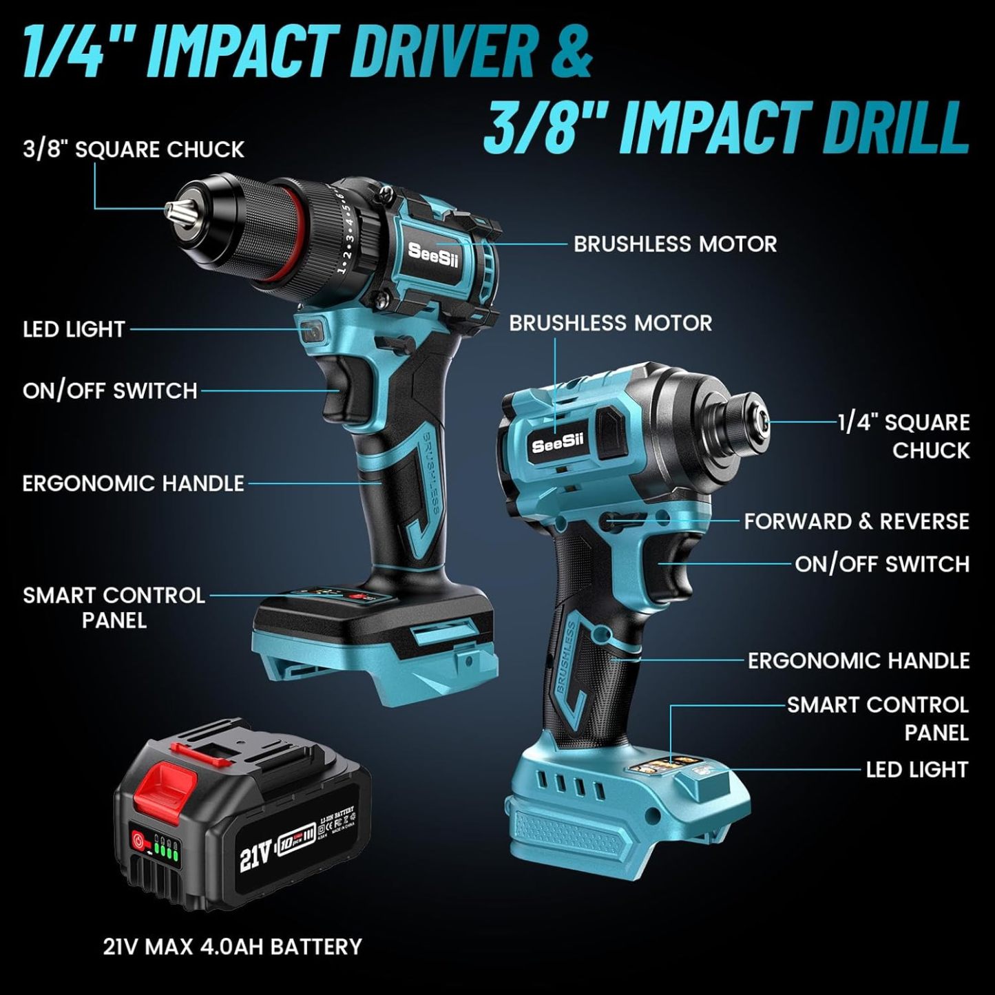 SEESII - Taladro inalámbrico y destornillador de impacto de 21 V máximo, kit combinado de herramientas eléctricas incluido taladro de 3/8 pulgadas y driver de impacto de 1/4 pulgadas, 2 baterías de