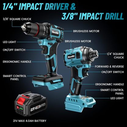 SEESII - Taladro inalámbrico y destornillador de impacto de 21 V máximo, kit combinado de herramientas eléctricas incluido taladro de 3/8 pulgadas y driver de impacto de 1/4 pulgadas, 2 baterías de