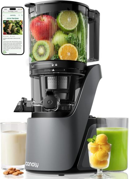 Canoly C16 Exprimidor de prensa en frío, canal de alimentación extra ancho de 6 pulgadas, coladores 3 en 1 (jugo y sorbete y leche de nuez), potente motor AC sin escobillas, sistema autoprecortado