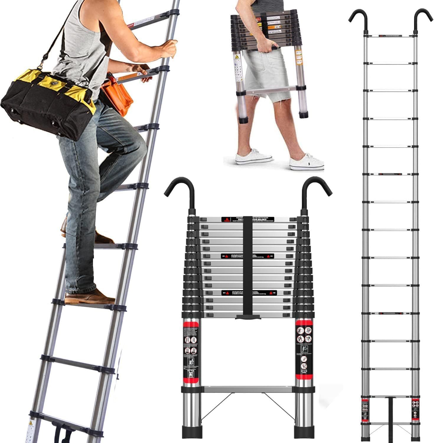 Bowoshen Escalera Telescópica De 6.2 Metros Escalera De Aluminio Segura Y Protegida Antideslizante Multiusos Escalera Extensible 20.5 Pies, 330 Libras Capacidad