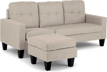 Kingshouse Sala Esquinera en L de Madera de Alta Calidad y Durabilidad, con Taburete y Diseño Reversible, Moderna Ideal para Espacios Pequeños, Tapizado Tipo Lino y Cojines Removibles