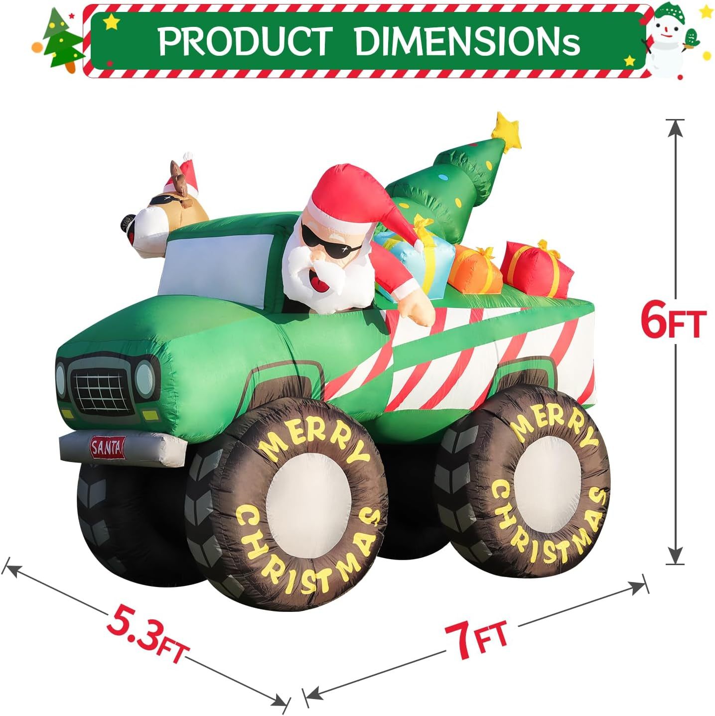 DomKom - Inflable de Navidad 2.1m, Santa Claus y Reno conduciendo Monster Truck, decoración Gigante para jardín con Luces LED integradas, Ideal para Fiestas al Aire Libre