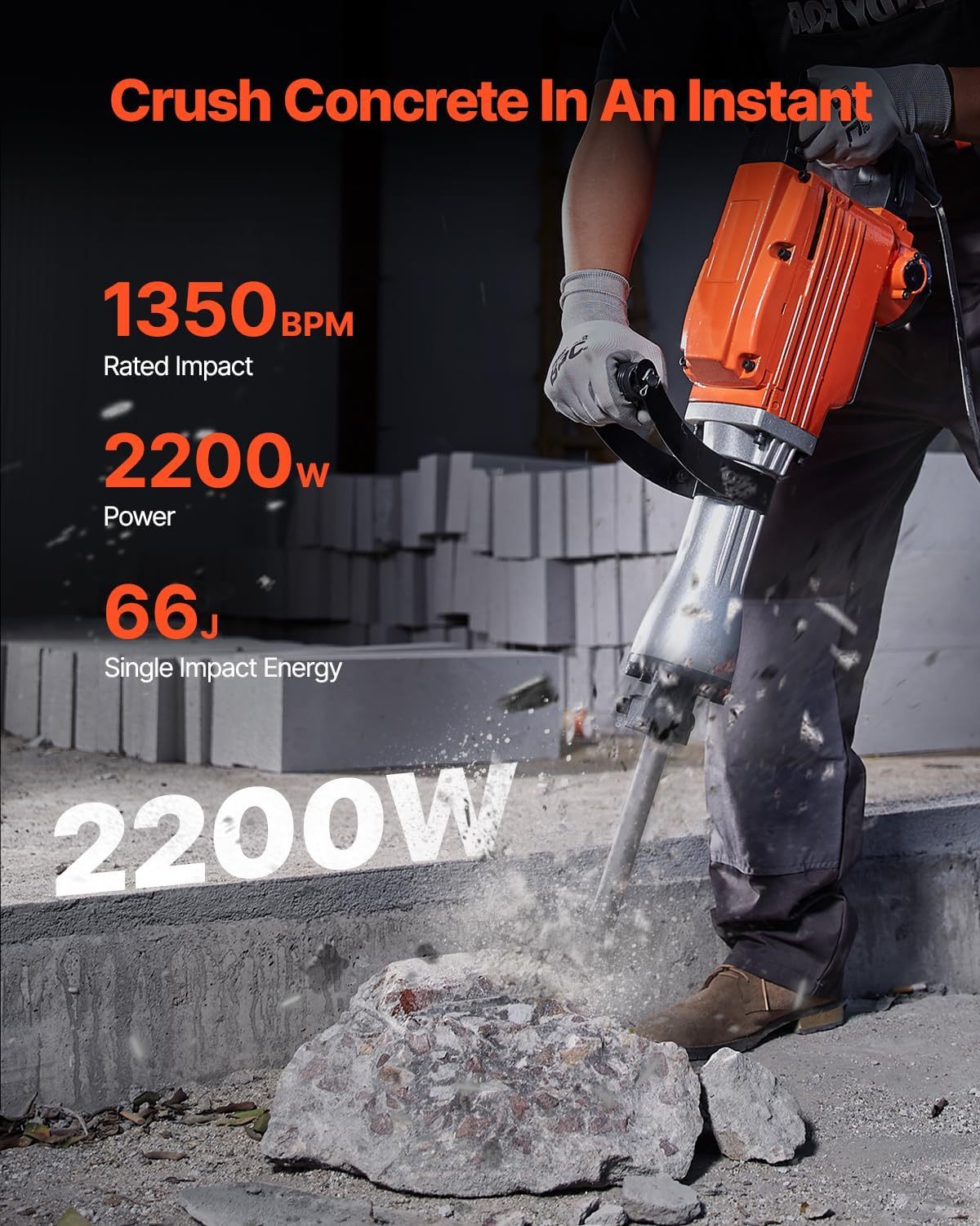 VEVOR - Martillo de demolición, MAX 2200 W, martillo eléctrico resistente, 1350 BPM, 6 piezas de cinceles con estuche