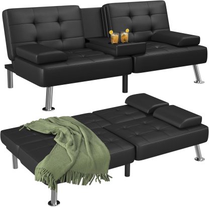 Flamaker Futón - Juego Moderno de futón Plegable de Piel sintética para Sala de Estar con 2 Soportes para Tazas, reposabrazos extraíbles (Piel sintética, Negro)-trapo