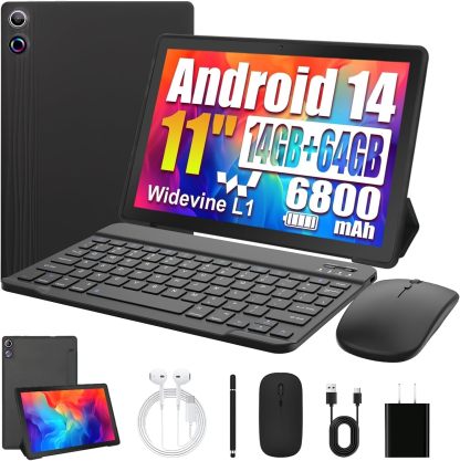 Android Tablet, 14 GB RAM+64 GB ROM (TF 1TB), 11 pulgadas Android 14 Octa-Core, 6800mAh, Widevine L1, WiFi 6, 8 en 1 Tablet con teclado, mouse, funda protectora, lápiz óptico, auriculares,
