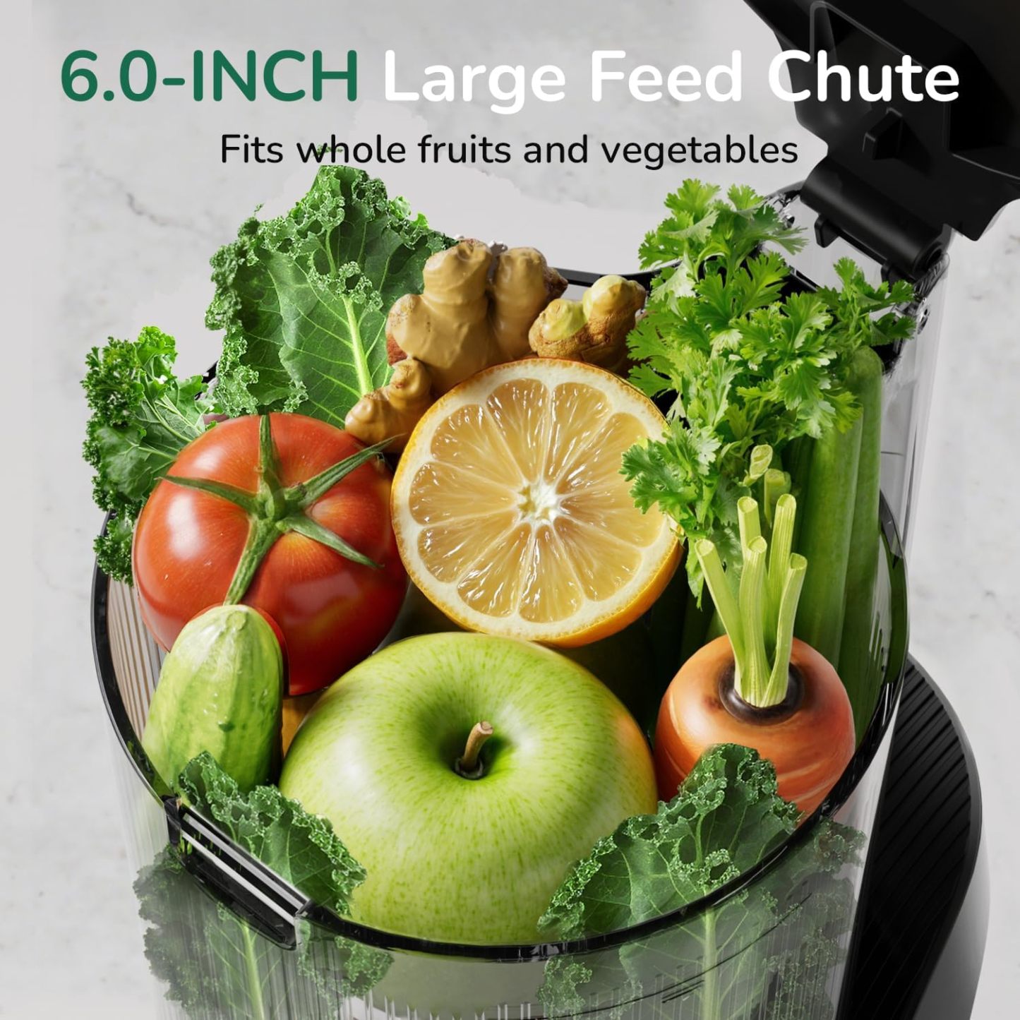 Canoly C16 Exprimidor de prensa en frío, canal de alimentación extra ancho de 6 pulgadas, coladores 3 en 1 (jugo y sorbete y leche de nuez), potente motor AC sin escobillas, sistema autoprecortado