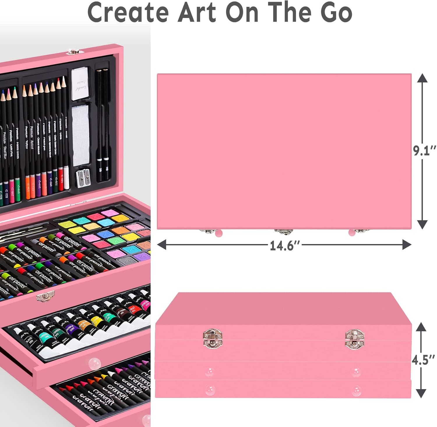 Juego de arte de lujo de 175 piezas con 2 almohadillas para orejas de dibujo, pinturas acrílicas, lápices de colores, juego de pintura en caja de madera, kit de arte profesional, suministros de arte