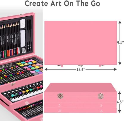 Juego de arte de lujo de 175 piezas con 2 almohadillas para orejas de dibujo, pinturas acrílicas, lápices de colores, juego de pintura en caja de madera, kit de arte profesional, suministros de arte