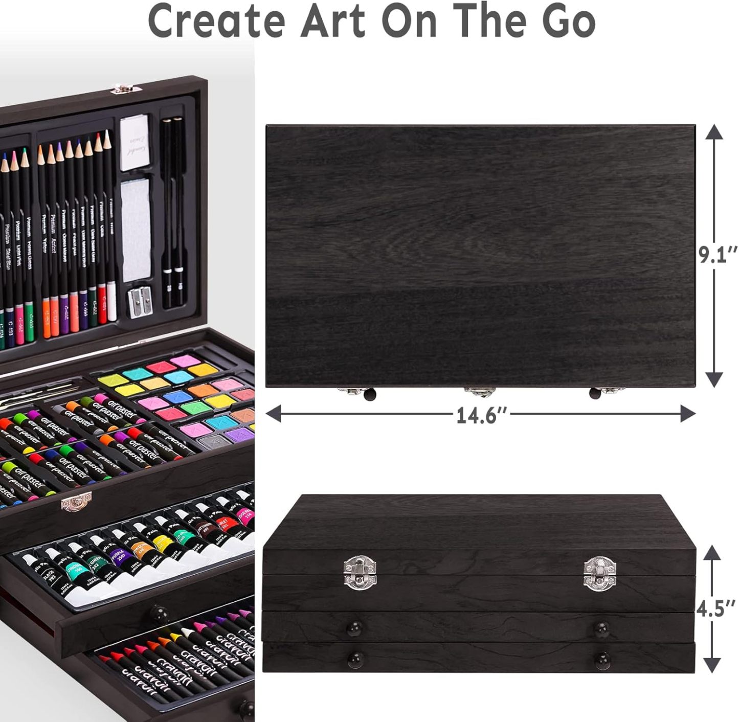 Juego de arte de lujo de 175 piezas con 2 almohadillas para orejas de dibujo, pinturas acrílicas, lápices de colores, juego de pintura en caja de madera, kit de arte profesional, suministros de arte
