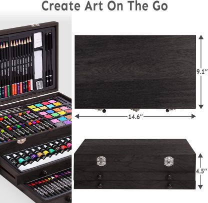 Juego de arte de lujo de 175 piezas con 2 almohadillas para orejas de dibujo, pinturas acrílicas, lápices de colores, juego de pintura en caja de madera, kit de arte profesional, suministros de arte