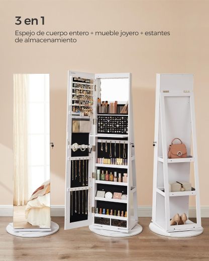 ✨ Espejo de Cuerpo Entero con Armario Joyero Giratorio 360° | Luz LED de 3 Colores | Organizador con Cerradura | Almacenamiento Multifuncional para Dormitorio 💎