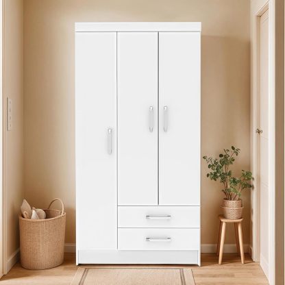 TRIUMPHKEY Ropero Closet Madera para Recamara Armarios para Ropa con 2 Cajones Closet con 3 Puertas Minimalista Muebles para Sala De Estar 90x46x180CM (Blanco)