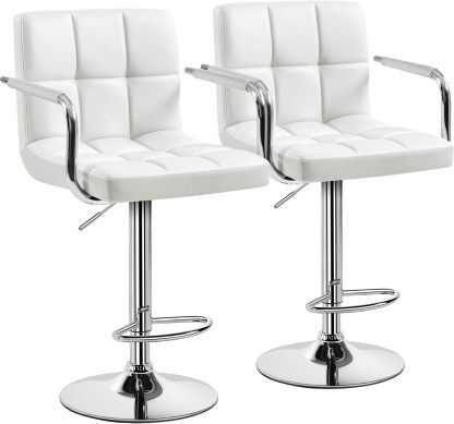 Juego de 2 taburetes de Bar giratorios Ajustables de Piel sintética, sillas hidráulicas de Barra con reposabrazos y Respaldo para Bar, Cocina, Comedor, Color Blanco