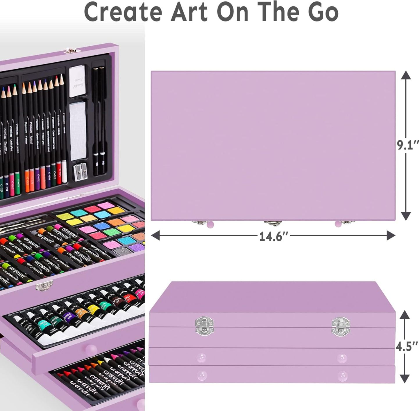 Juego de arte de lujo de 175 piezas con 2 almohadillas para orejas de dibujo, pinturas acrílicas, lápices de colores, juego de pintura en caja de madera, kit de arte profesional, suministros de arte