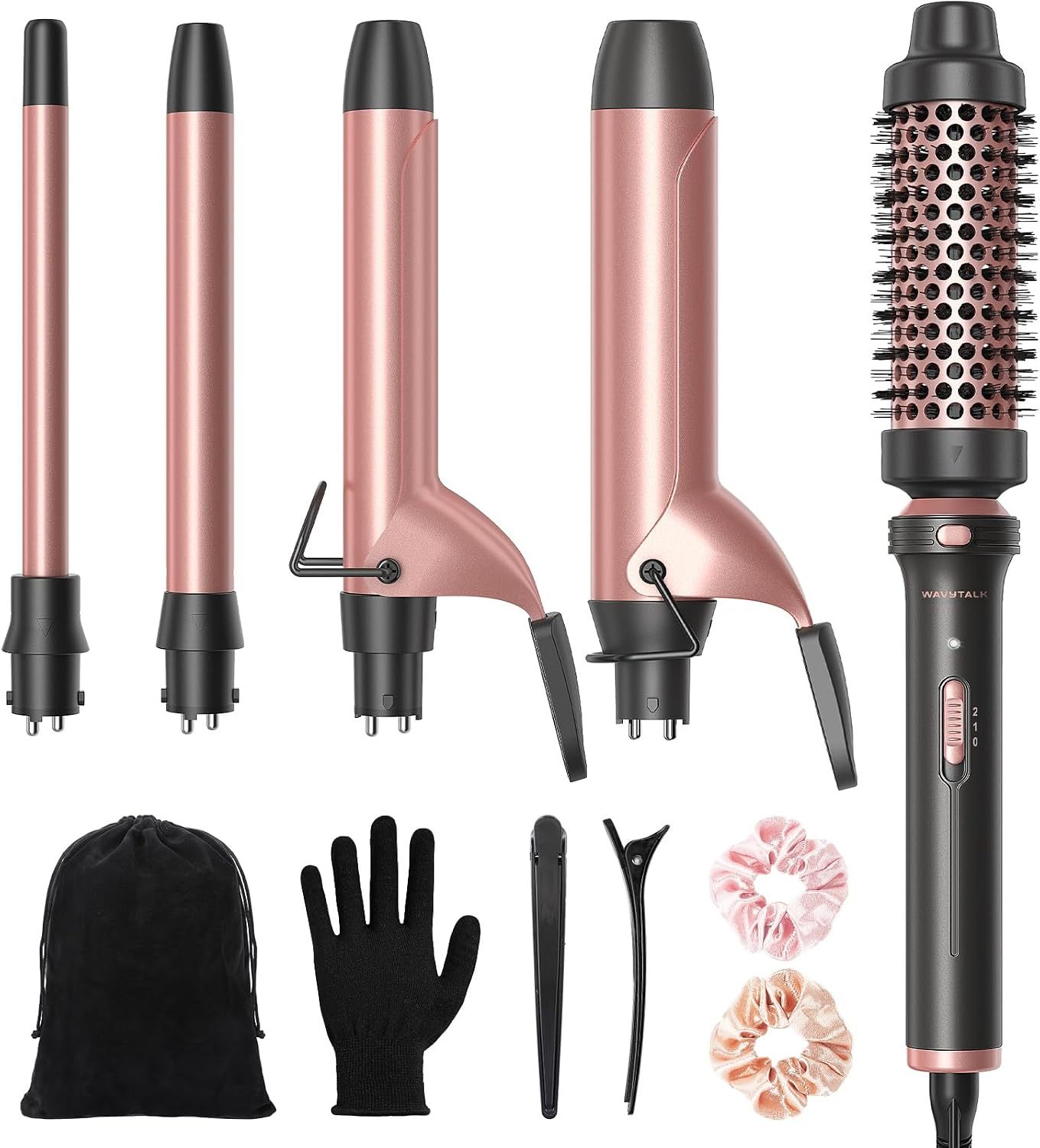 5 en 1 Ceramic Curling Wand, Rizador de Pelo de calentamiento rápido de 1/2 a 1 1/2 pulgadas y Cepillo Térmico, Rizadora para Cabello de Doble Voltaje, Oro Rosa