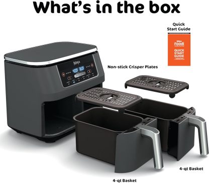 NINJA, Freidora de Aire Foodi, 8 QT, 6 en 1, DualZone, Con 2 Cestas Independientes para Freír, Match Cook y Smart Finish para Asar, Deshidratar y más para comidas rápidas y fáciles, Gris, DZ201