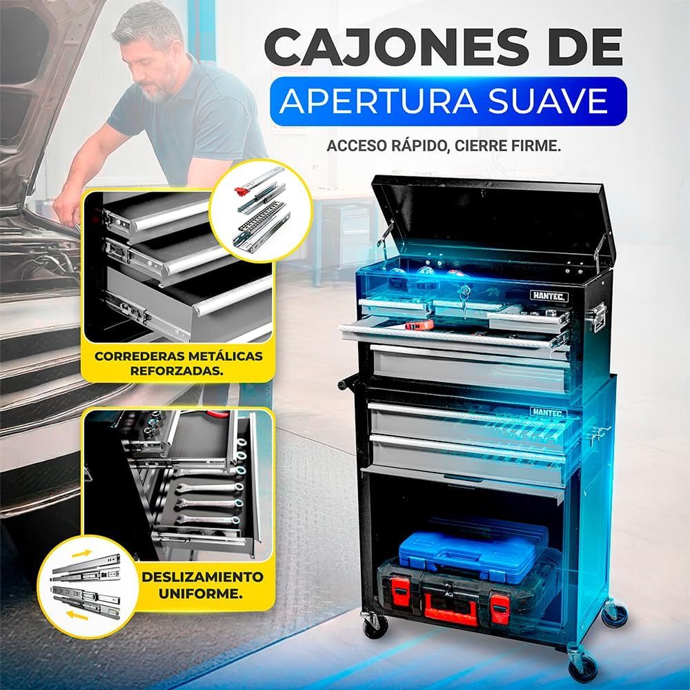Hantec - Combo Caja de Herramientas y Estante Móvil - 9 Cajones Deslizables, Metal Reforzado con Ruedas y Cerradura - Color Gris