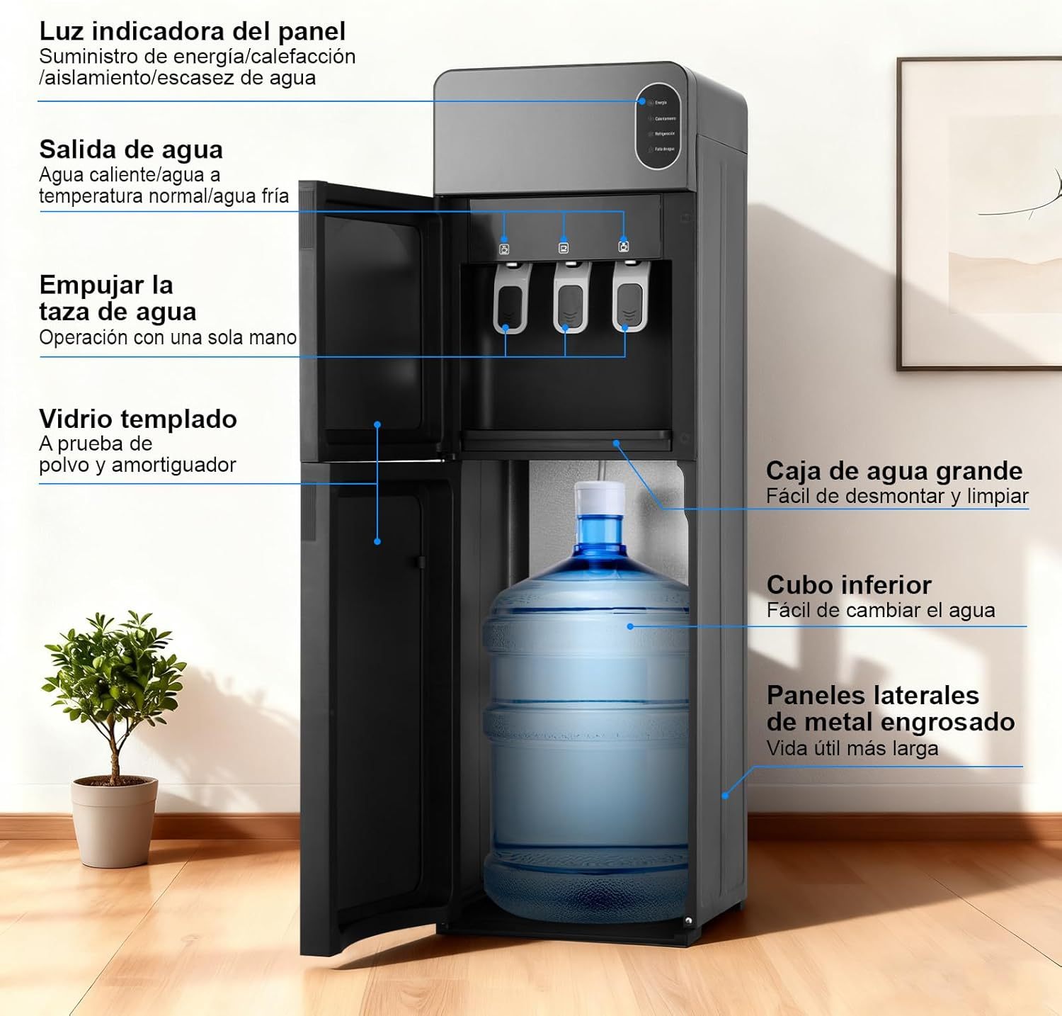 Dispensador de Agua con Garrafón Oculto, 3 Grifos Agua Helada (8°C), Fría y Caliente, Enfriador de Aguas de Acero Inoxidable, Bloqueo de Seguridad, Elegante Diseño, para Hogar Oficina Gimnasio