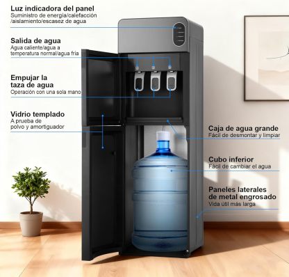 Dispensador de Agua con Garrafón Oculto, 3 Grifos Agua Helada (8°C), Fría y Caliente, Enfriador de Aguas de Acero Inoxidable, Bloqueo de Seguridad, Elegante Diseño, para Hogar Oficina Gimnasio