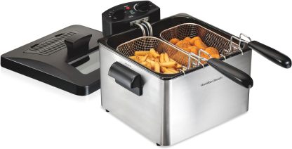 Hamilton Beach Freidora eléctrica de estilo profesional, cesta de freír XL, tapa con ventana de visión, 1800 vatios, 19 tazas/4,5 litros de capacidad de aceite, acero inoxidable (35035A)