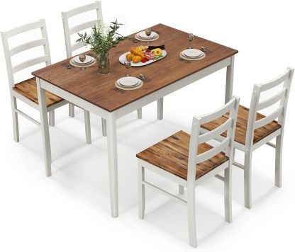 Giantex - Juego de mesa de comedor para 4, mesa rectangular de madera maciza y 4 sillas, juego de comedor de 5 piezas con patas de madera de goma, muebles de cocina que ahorran espacio para cocina,