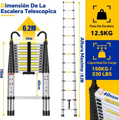 Bowoshen Escalera Telescópica De 6.2 Metros Escalera De Aluminio Segura Y Protegida Antideslizante Multiusos Escalera Extensible 20.5 Pies, 330 Libras Capacidad