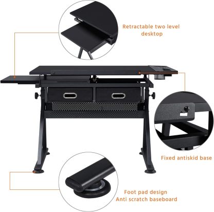 Yaheetech - computadora de arte blanco ajustable en altura para adultos, mesa inclinable de dibujo con computadora extragrande y cajones, juego de mesa y silla plegable para manualidades con taburetes